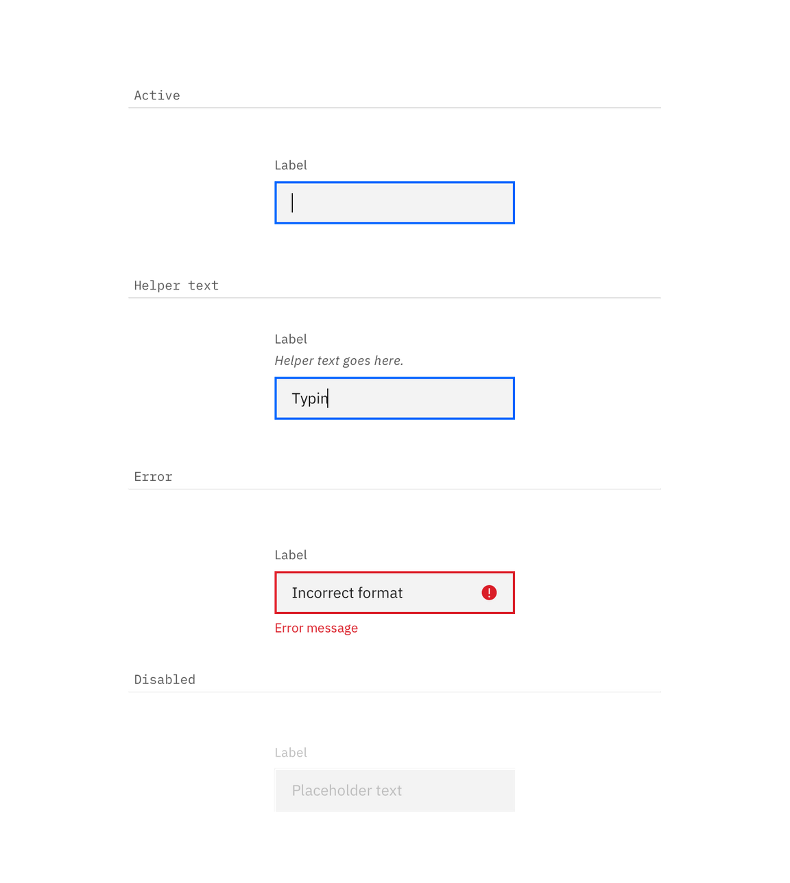 Active, help, error or disabled states for text input